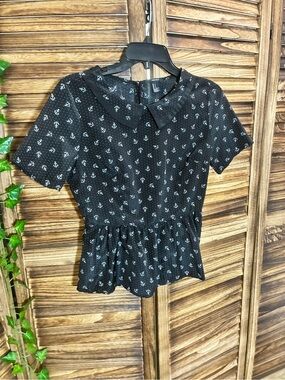 Forever 21 Black Anchor-Print Peplum Blouse with Peter Pan Collar